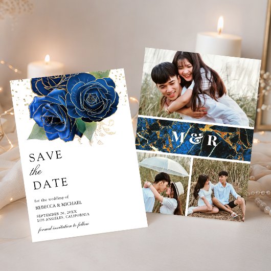 Koninklijk Blauwe Bloem Foto Collage Bruiloft Save The Date