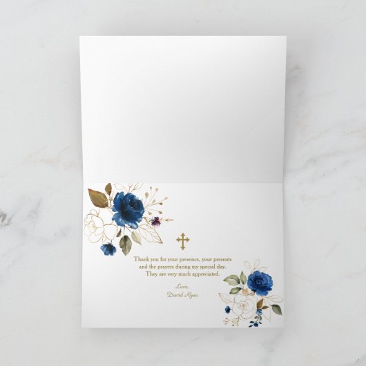 Koninklijk blauwe bloem gouden lijst kruis jongens bedankkaart (Binnen)