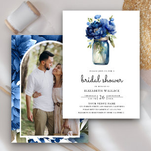 Koninklijk Blauwe Bloem Mason Jar Foto Bruidsdouch Kaart