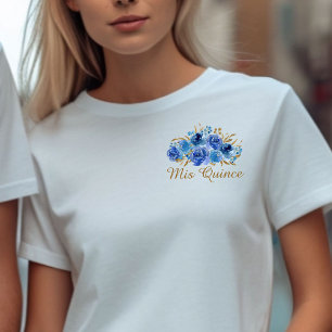 Koninklijk Blauwe Bloemen en Gouden Blad Mis Quinc T-shirt