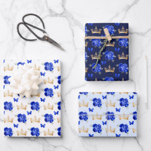 Koninklijk blauwe bloemen en gouden kronen inpakpapier vel