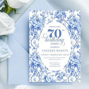 Koninklijk blauwe bloemen toile 70ste verjaardagsu kaart