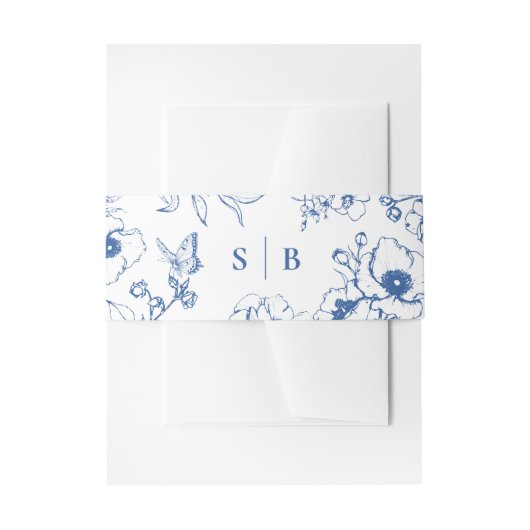 Koninklijk Blauwe Bloementuin Monogram Bruiloft Uitnodigingen Wikkel (Voorkant Voorbeeld)