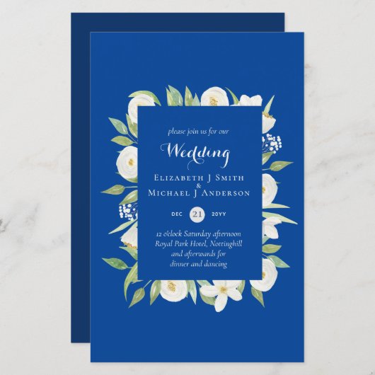 Koninklijk Blauwe Bloemige Budget Trouw Uitnodigin (Voorkant / Achterkant)