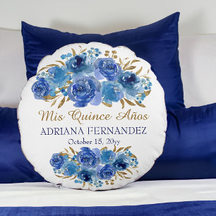 Koninklijk Blauwe Bloemige Gouden Blad Quinceanera Rond Kussen