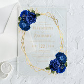 Koninklijk Blauwe Bloemige Gouden Geometrische Tro Acryl Uitnodigingen