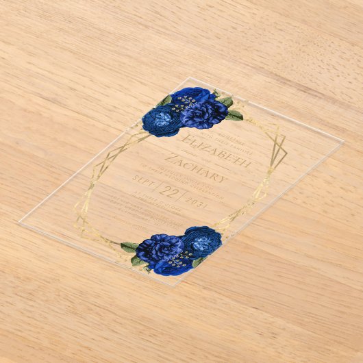 Koninklijk Blauwe Bloemige Gouden Geometrische Tro Acryl Uitnodigingen (Laagn)