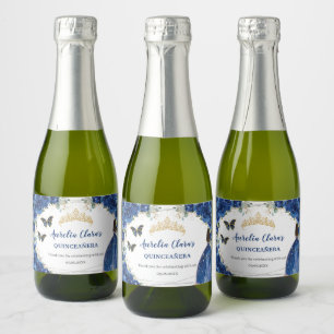 Koninklijk Blauwe Bloemige Gouden Quinceañera Verj Sparkling Wijnetiket