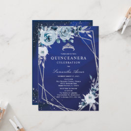 Koninklijk Blauwe Bloemige Quinceañera Kaart