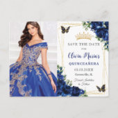 Koninklijk Blauwe Bloemige Quinceañera Vlinders Af Aankondigingskaart (Voorkant)