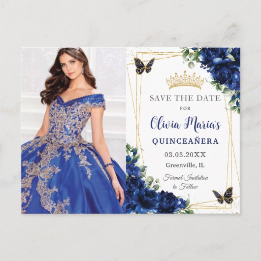 Koninklijk Blauwe Bloemige Quinceañera Vlinders Af Aankondigingskaart (Voorkant)