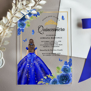 Koninklijk Blauwe Bloemjurk Vlinder Quinceanera Acryl Uitnodigingen