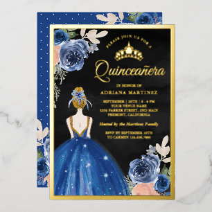 Koninklijk Blauwe Bloemjurk Zwart Quinceanera Goud Folie Uitnodiging