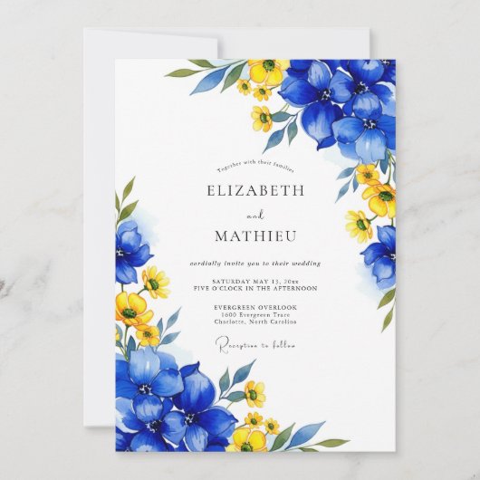 Koninklijk Blauwe Bloemrijke Bruiloft Kaart (Voorkant)