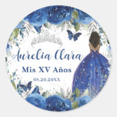 Koninklijk Blauwe Bloemrozen Bruine Prinses Zilver Ronde Sticker (Voorkant)