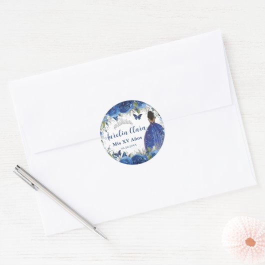 Koninklijk Blauwe Bloemrozen Bruine Prinses Zilver Ronde Sticker (Envelop)