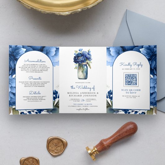 Koninklijk Blauwe Bloemstuk Metsondeel QR Code Bru Drieluik Uitnodiging