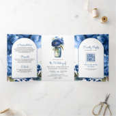 Koninklijk Blauwe Bloemstuk Metsondeel QR Code Bru Drieluik Uitnodiging (Binnen)