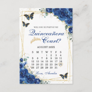 Koninklijk blauwe bloemstuk Quinceanera hof voorst Notitiekaartje