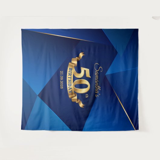 Koninklijk blauwe chic moderne 50ste verjaardag ac wandkleed (Voorkant (horizontaal))