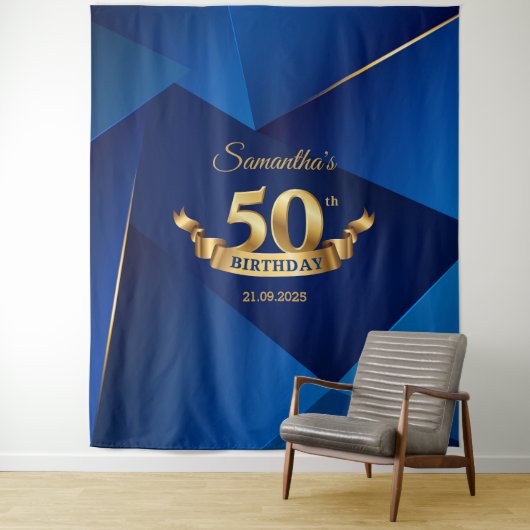 Koninklijk blauwe chic moderne 50ste verjaardag ac wandkleed (In situ)