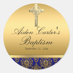 Koninklijk Blauwe Damast & Doopsticker met Kruis Ronde Sticker