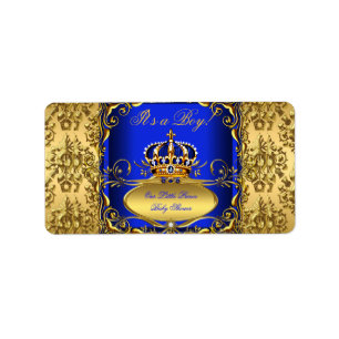 Koninklijk Blauwe Damast Gouden Kroon Baby Shower  Etiket