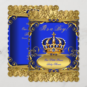 Koninklijk Blauwe Damast Gouden Kroon Baby Shower  Kaart