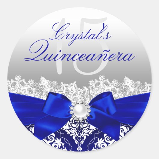 Koninklijk Blauwe Damast & Parel Boog Quinceanera Ronde Sticker (Voorkant)