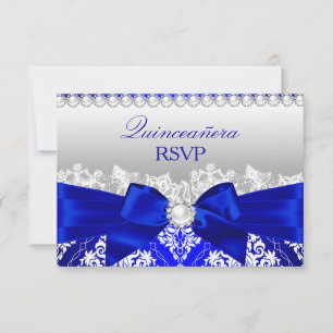 Koninklijk Blauwe Damast & Parel Boog Quinceanera RSVP Kaartje