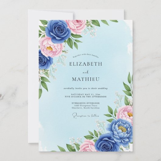 Koninklijk Blauwe Delicate Lente Bruiloft Kaart (Voorkant)