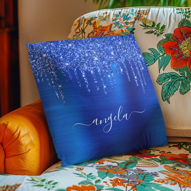 Koninklijk Blauwe Druppelende Glitter Glam Naam Kussen (Royal Blue Dripping Glitter Glam Name Throw Pillow)