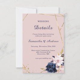Koninklijk Blauwe en Blush Trouwdetails Sjabloon Kaart