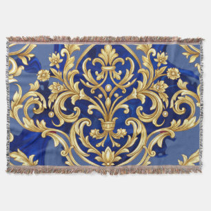 Koninklijk Blauwe en Gouden Barokke Damast Patroon Deken