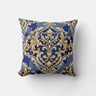 Koninklijk Blauwe en Gouden Barokke Damast Patroon Kussen