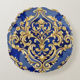 Koninklijk Blauwe en Gouden Barokke Damast Patroon Rond Kussen