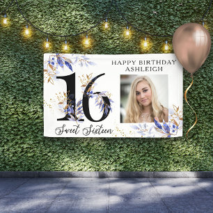 Koninklijk blauwe en gouden bladervulling Sweet 16 Spandoek