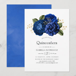 Koninklijk Blauwe en Gouden Bloemige Quinceañera Kaart