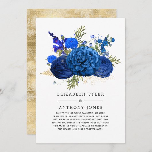 Koninklijk Blauwe en Gouden Bloemige Uitnodiging v (Voorkant / Achterkant)
