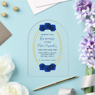 Koninklijk Blauwe en Gouden Geometrische Quinceañe Acryl Uitnodigingen