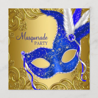 Koninklijk Blauwe en Gouden Maskerade Feest Kaart