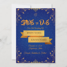 Koninklijk Blauwe en Gouden Save the Date Kaart