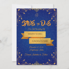 Koninklijk Blauwe en Gouden Save the Date Kaart