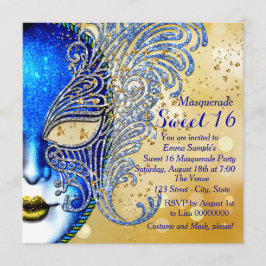 Koninklijk Blauwe en Gouden Sweet 16 Maskerade Fee Kaart
