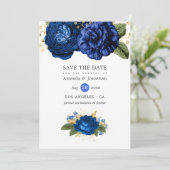 Koninklijk Blauwe en Gouden Vintage Bloemen Bruilo Save The Date (Staand voorkant)