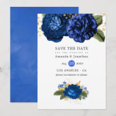 Koninklijk Blauwe en Gouden Vintage Bloemen Bruilo Save The Date (Voorkant / Achterkant)