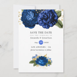 Koninklijk Blauwe en Gouden Vintage Bloemen Bruilo Save The Date