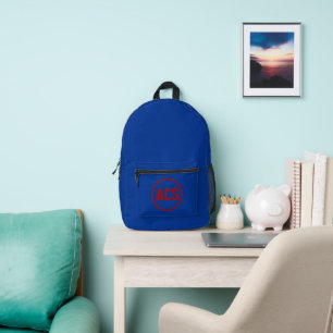 Koninklijk blauwe en rode schoolkleuren en letters bedrukte rugzak