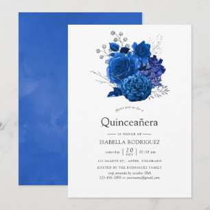 Koninklijk Blauwe en Zilveren Bloem Quinceañera Kaart