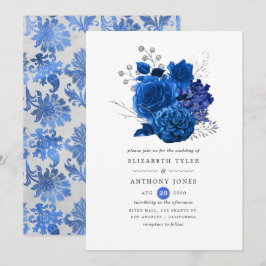 Koninklijk Blauwe en Zilveren Bloemachtige Bruilof Kaart